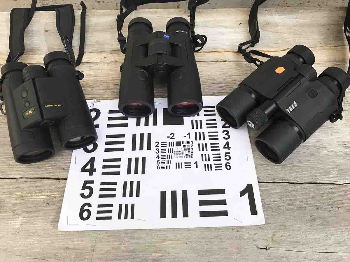 The resolution of a Zeiss Victory RF 10x42mm binocular (center) edged out the Nikon LaserForce 10x42mm (left) and the Bushnell Fusion 10x42mm (right).